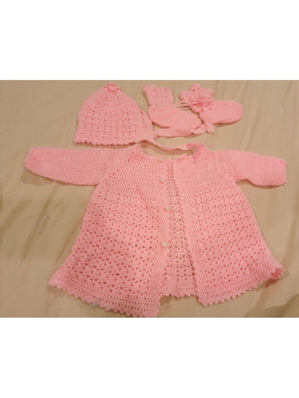 Hand Crocheted Baby Pink Sweater, Hat and socks Set 3-6m - Picture 2 of 2